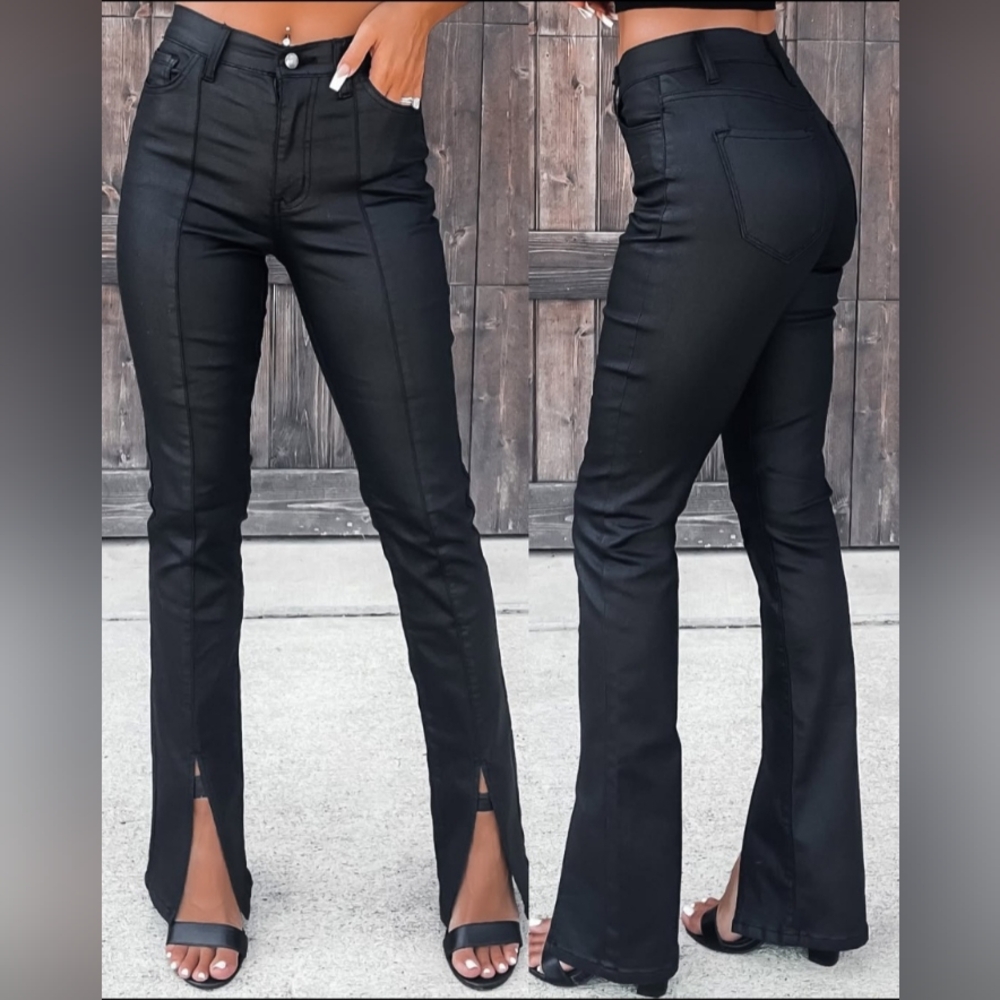 Coated Leather Pleated Slit Pants - Size 15
